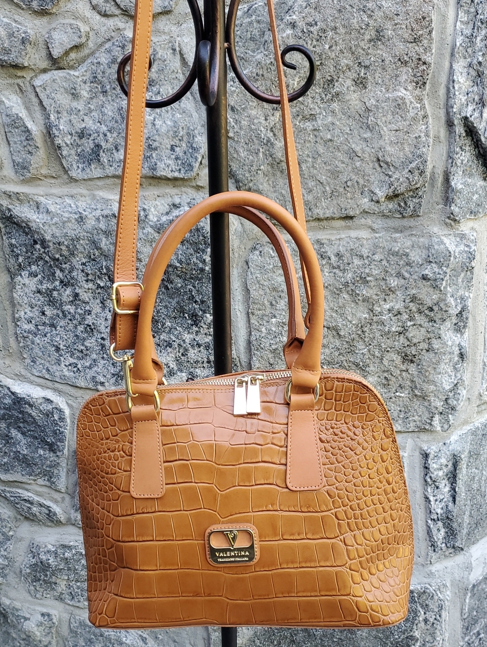 Valentina Croc-Embossed Satchel with Gold Accents